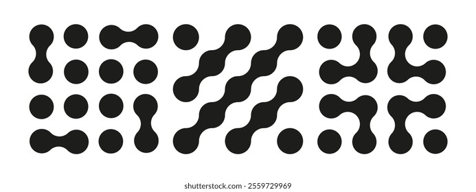 Metaball minimalist icons. Connected dots signs. Integration abstract symbol. Circles fluid graphic pattern. Point movement. Connected blobs. Metaballs transition. Organic shapes. Set of flat logos.