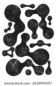 Metaball shapes figures drawn by a crayon. Abstract metaball connected dots, connected round blobs textures vector illustration set. Liquid molecule shapes