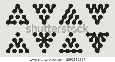 Metaball shapes set isolated on white background. Vector illustration of abstract black dots connected in triangles, organic molecule symbols, linked cells, data network, data grid structure signs