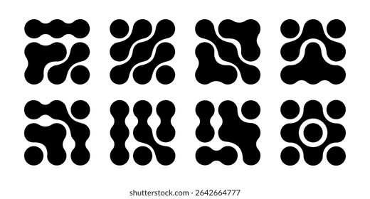 Metaball textures. Connected liquid drops, round dots or morph shapes background. Organic blobs, neurons or molecules isolated on white background. Modern abstract prints. Vector graphic illustration.