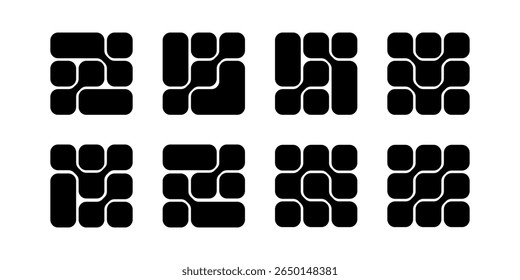 Texturas metabólicas. Formas quadradas conectadas com cantos redondos isolados no plano de fundo branco. Bolhas orgânicas ou estruturas moleculares. Impressão moderna com pontos conectados. Ilustração gráfica vetorial.