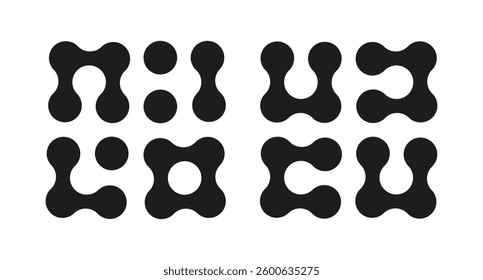 Metaball trendy icon. Connected dots minimalist sign. Integration abstract symbol. Circles simple pattern mockup. Point movement template. Connected blobs. Metaballs transition. Set of flat logotypes.