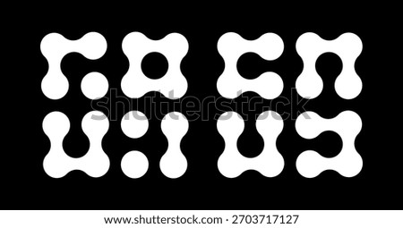Metaball white icons. Connected dots flat signs. Integration abstract symbols. Circles simple pattern. Point movement. Connected blobs. Metaballs transition. Set of logos.