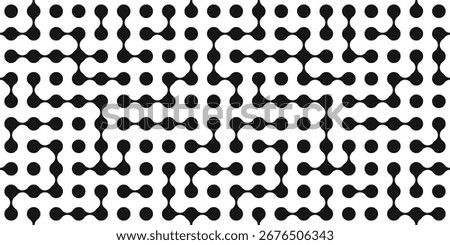 Metaballs Seamless Pattern. Modern Metamorphosis, Organic, Tech, Geometric shapes. Contemporary endless background with black circle dots liquid connected. Abstarct Vector illustration isolated