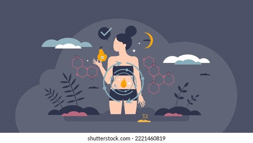 Metabolic body energy with food ATP chemical reaction tiny person concept. Food digestion system with nutrients burning and synthesis cycle vector illustration. Healthy dieting biological process.