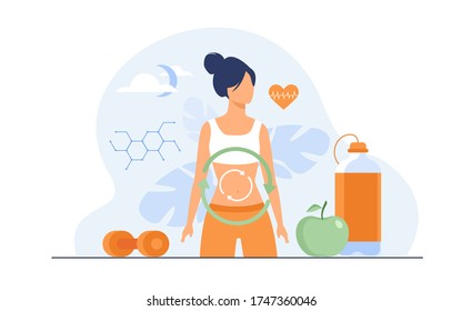 Metabolic process of woman on diet. Digestion system, food energy, hormone system flat vector illustration. Healthy eating concept for banner, website design or landing web page