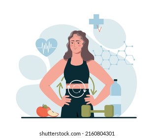 Proceso metabólico de la mujer a dieta. Una chica joven y hermosa hace deporte y come buena comida. Estilo de vida saludable y sistema digestivo. Niveles estables de hormonas y vitaminas. Dibujo vectorial plano de dibujos animados