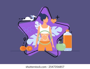 Metabolic process of woman on diet. Digestion system, food energy, hormone system flat vector illustration. Healthy eating concept for banner, website design or landing web page
