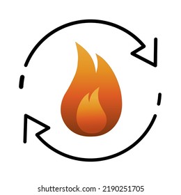 Metabolic processes icon on white. Fire with arrows rotation symbol in flat style. Synthesis calorie energy sign. Digestion of kcal icon. Vector illustration for web site design, logo, mobile app, UI.