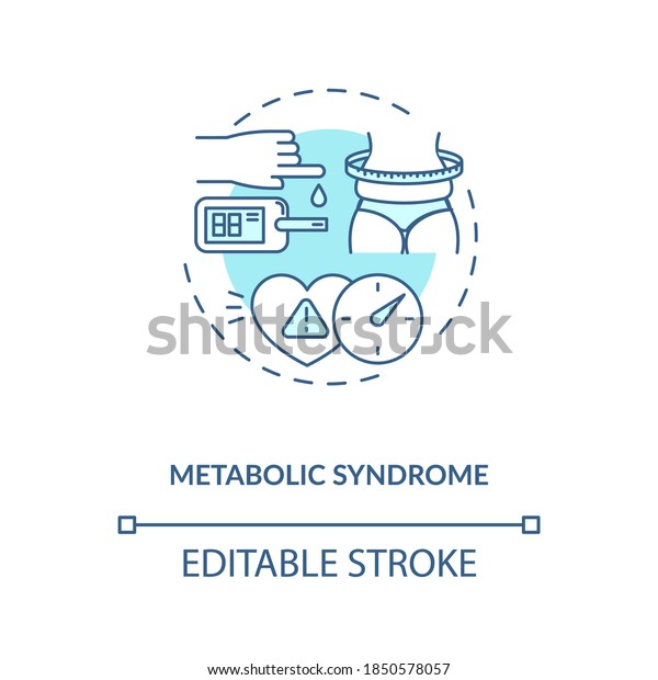 Metabolic syndrome concept icon. Heart disease\
stroke risk idea thin line illustration. High blood sugar. Excess\
body fat around waist. Vector isolated outline RGB color drawing.\
Editable stroke