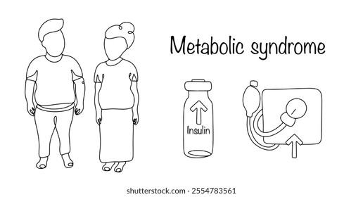 Metabolic syndrome. Men and women with abdominal obesity, lipid metabolism disorders, arterial hypertension and insulin resistance. Hand drawn vector illustration.