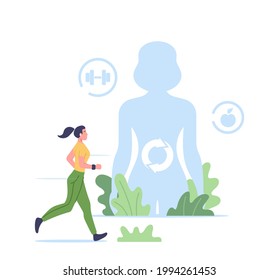 Metabolism Concept. Sportswoman Character Run at Huge Body with Digestive Tract Biochemistry Process. Healthy Girl Increase Metabolic Level. Food to Energy Conversion. Cartoon Vector Illustration