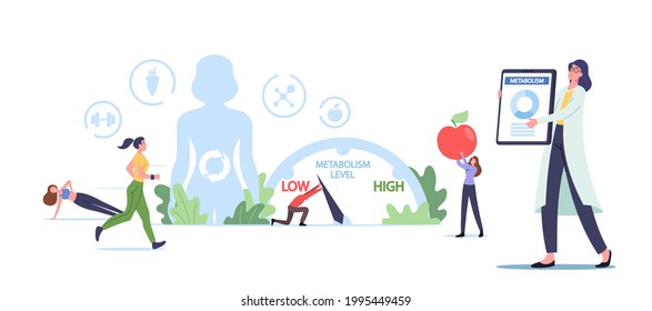 Metabolism, Food to Energy Conversion Concept. Tiny Characters at Huge Body with Digestive Tract Biochemistry Process. Nutrition Chemical Reactions in Organism. Cartoon People Vector Illustration