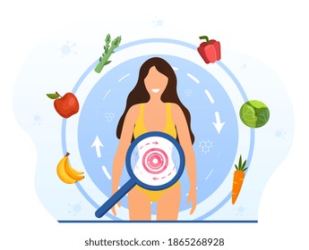 Metabolism Of Human Organism. Cartoon Young Woman Eating Diet Food For Energy. Digestion, Metabolic System And Hormones Concept. Abstract Concept. Cartoon Flat Vector Illustration