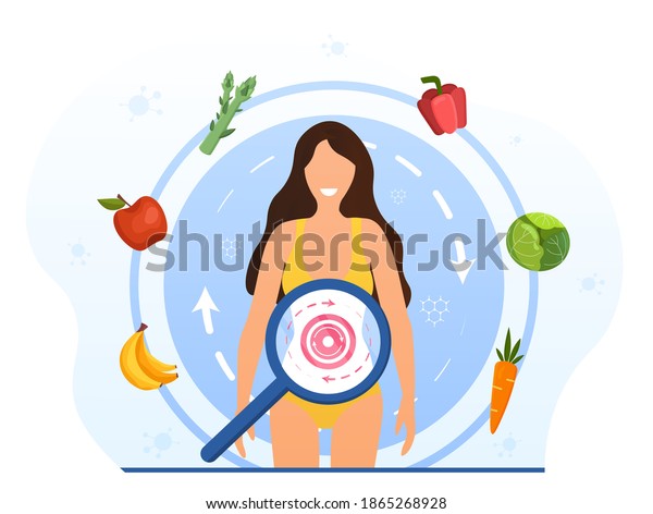Metabolism of human\
organism. Cartoon young woman eating diet food for energy.\
Digestion, metabolic system and hormones concept. Abstract concept.\
Cartoon flat vector\
illustration