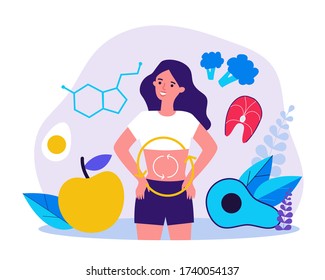 Metabolism Of Human Organism Flat Vector Illustration. Cartoon Young Woman Eating Diet Food For Energy. Digestion, Metabolic System And Hormones Concept