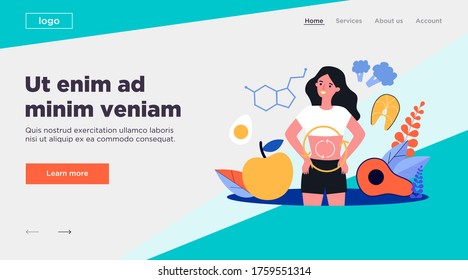 Metabolism of human organism flat vector illustration. Cartoon young woman eating diet food for energy. Digestion, metabolic system and hormones concept