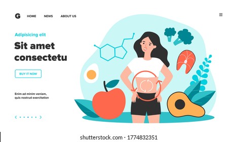 Metabolism of human organism flat vector illustration. Cartoon young woman eating diet food for energy. Digestion, metabolic system and hormones concept