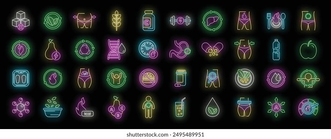 Metabolism icons set outline vector. Health torso. Balance detox neon color on black