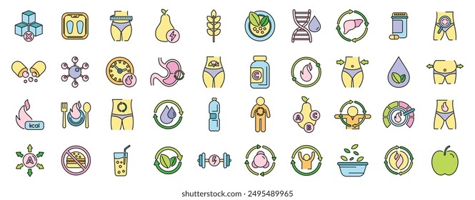 Metabolism icons set outline vector. Health torso. Balance detox thin line color flat on white