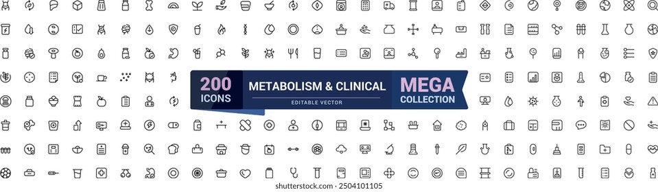 Los iconos de metabolismo establecen un Vector de contorno. Conjunto de iconos clínicos. Equilibrio de desintoxicación. Colección de símbolos de contorno. Trazo editable. Ilustración vectorial.