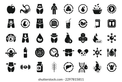 Metabolism icons set simple vector. Health torso. Balance detox