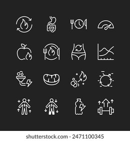 Metabolism icons, white on black background. Accelerating metabolic rate, nutrients, energy. Fat burning, efficiency, vitality. Proper nutrition. Customizable line thickness