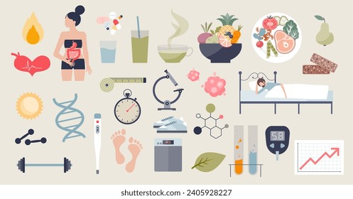 Metabolism objects with digestive and gastric elements tiny person collection set. Items with healthy food, physical training sports for effective fat burning and balanced dieting vector illustration