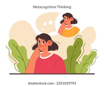 Metacognitive thinking. Critical thinking skill. Strategic decision-making, brainstorming and solution research. Process of thinking about learning process. Flat vector illustration