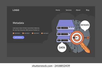 Metadaten im Dunkel- oder Nachtmodus Web, Landung. Datenannotation und Katalogisierung. Grundlegende Informationen über die für ein effizientes Ressourcenmanagement hervorgehobenen Daten. Flache Vektorgrafik.