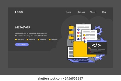Metadaten dunkles oder nächtliches Web oder Landung. Datenanmerkung und Katalogisierung. Wichtige Informationen zu Daten, die für ein effizientes Ressourcenmanagement hervorgehoben wurden. Flache Vektorillustration.