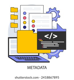 Metadaten. Datenannotation und Katalogisierung. Grundlegende Informationen über die für ein effizientes Ressourcenmanagement hervorgehobenen Daten. Flache Vektorgrafik.