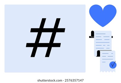 metadata tag symbol on light blue background next to a blue heart and list documents with a check mark. Ideal for social media, communication, organization, trending topics, and digital marketing