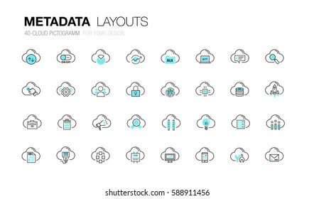 Metadata trendy modern thin line icons set development analysis and server operations. Original pack with linear pictogram collection of future for web design in slim style.