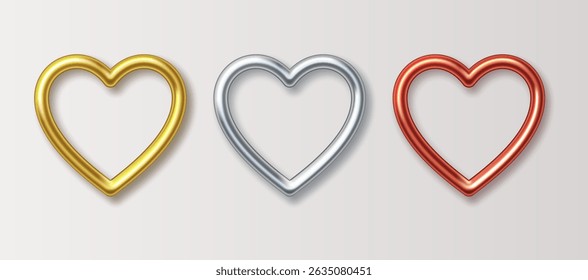 Metal 3D frames in the shape of a heart. Design elements for the wedding or St. Valentine isolated on a light background. Golden, silver and bronze hearts. Vector illustration.