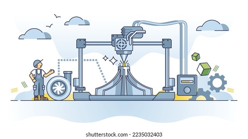 Metal 3D printing and steel part prototype manufacturing outline concept. Printer with strong material usage for precise molding vector illustration. Factory machinery for three dimensional gear tech.