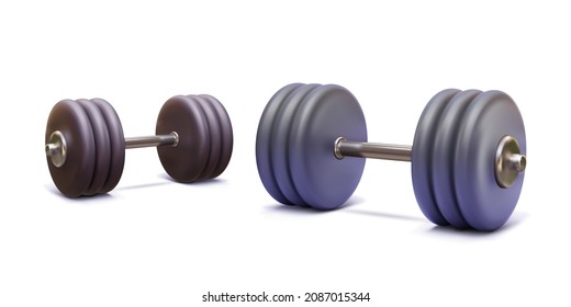 Metal 3d realistic dumbbell isolated on white background. Equipment for bodybuilding and workout. Vector illustration