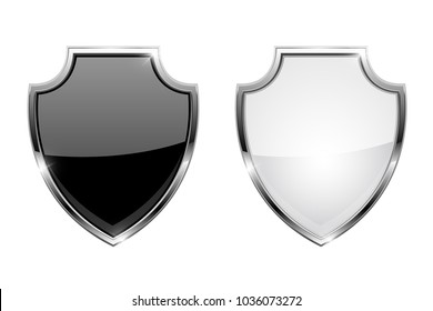 Metal 3d shields. Black and white glass icons with chrome frame. Vector illustration isolated on white background