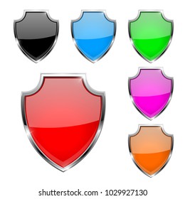 Metal 3d shields. Set of colored safety symbols. Vector illustration isolated on white background