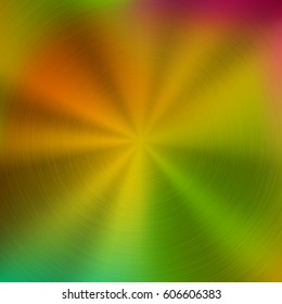 Metal abstract colorful gradient technology background with circular polished, brushed concentric texture. Vector illustration.