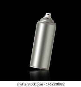 A metal aerosol can at an angle on a black background with reflection. Realistic vector illustration