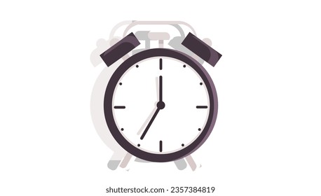Metal alarm clock with arrows and timestamps. Element of interior design of bedroom. Clock measuring time isolated on white background. Optimization of productive work, stopwatch and countdown concept