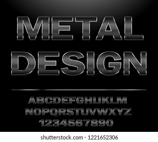 Metal Alphabet. Chrome Steel Grid Font Design For Typography On Dark Background. Illustration Vector.