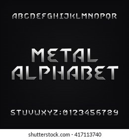 Metal alphabet font. Chrome effect letters and numbers on a dark background. Vector typeface for your design.