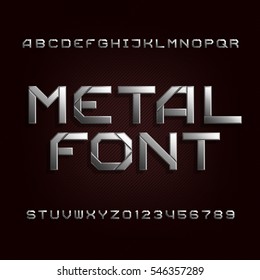 Metal Alphabet Font. Chrome Effect Letters And Numbers On A Dark Bacgkround. Tough Vector Typeset For Your Design.