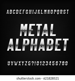 Metal alphabet font. Chrome effect letters and numbers on a dark background. Stock vector typography for headlines, posters, logos etc.