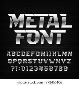 Metal alphabet font. Chrome effect futuristic oblique letters and numbers on a dark background. Stock vector typeface for your headers or any typography design. Metal alphabet font. Chrome effect futuristic oblique letters and numbers on a dark background. Stock vector typeface for your headers or any typography design.