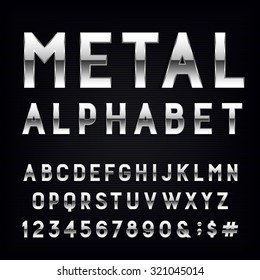 Metal Alphabet Font. Type letters, numbers and punctuation marks. Chrome effect symbols on dark background. Vector typeset for headlines, posters etc.