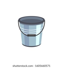 Metal aluminum or enamel bucket empty of water cartoon vector flat illustration icon isolated on white background. Bucket - household item for cleaning house and cottages.