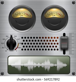 Metal  amp dashboard. Amp meter. Measuring device. Amp tube scale meter. Vector audio VU meters. Audio equipment. Switcher, Button, Knobs, Lamps. 